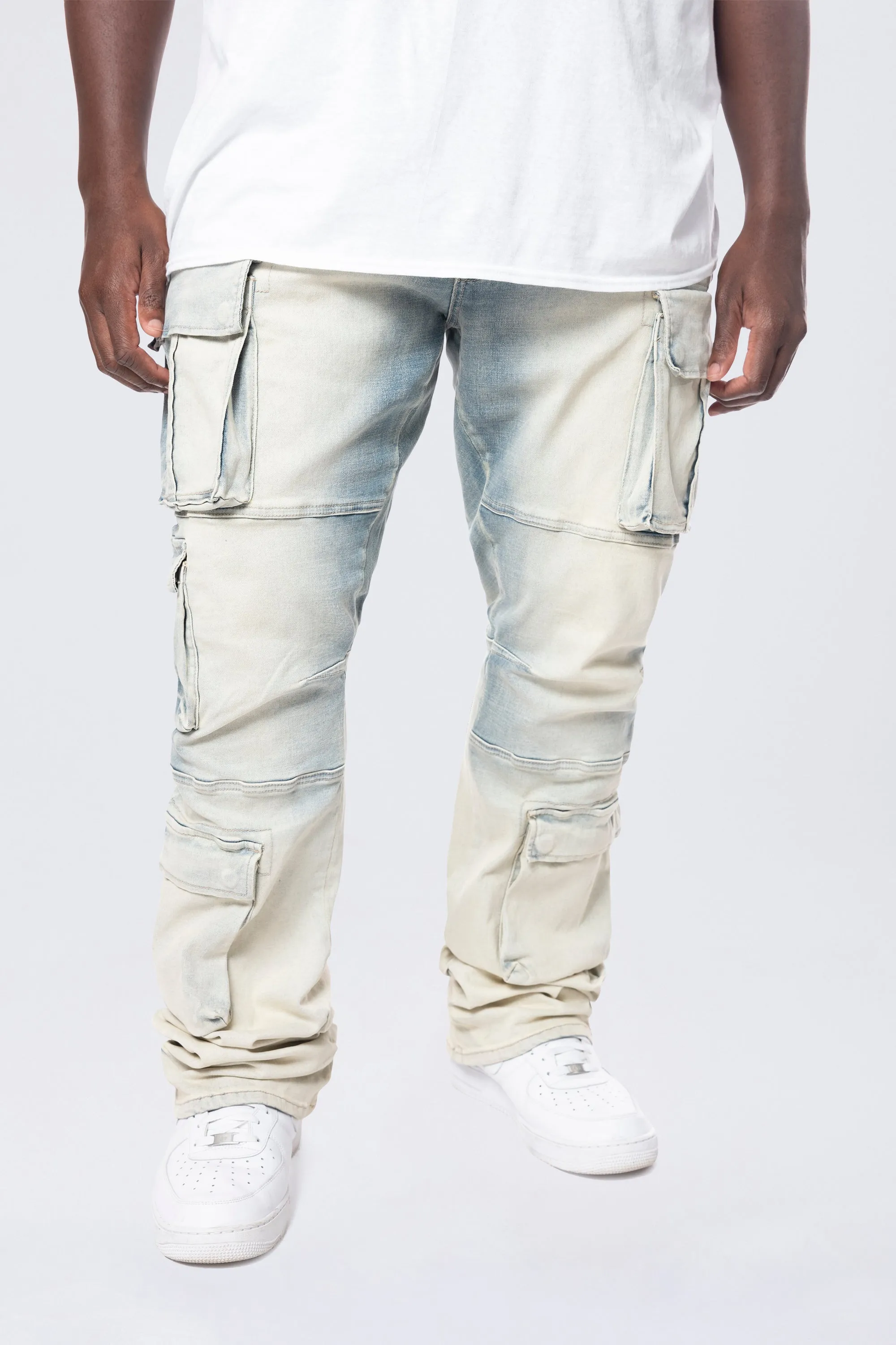 Big and Tall - Stacked Utility Multi Pocket Cargo Jeans - Ombre Blue