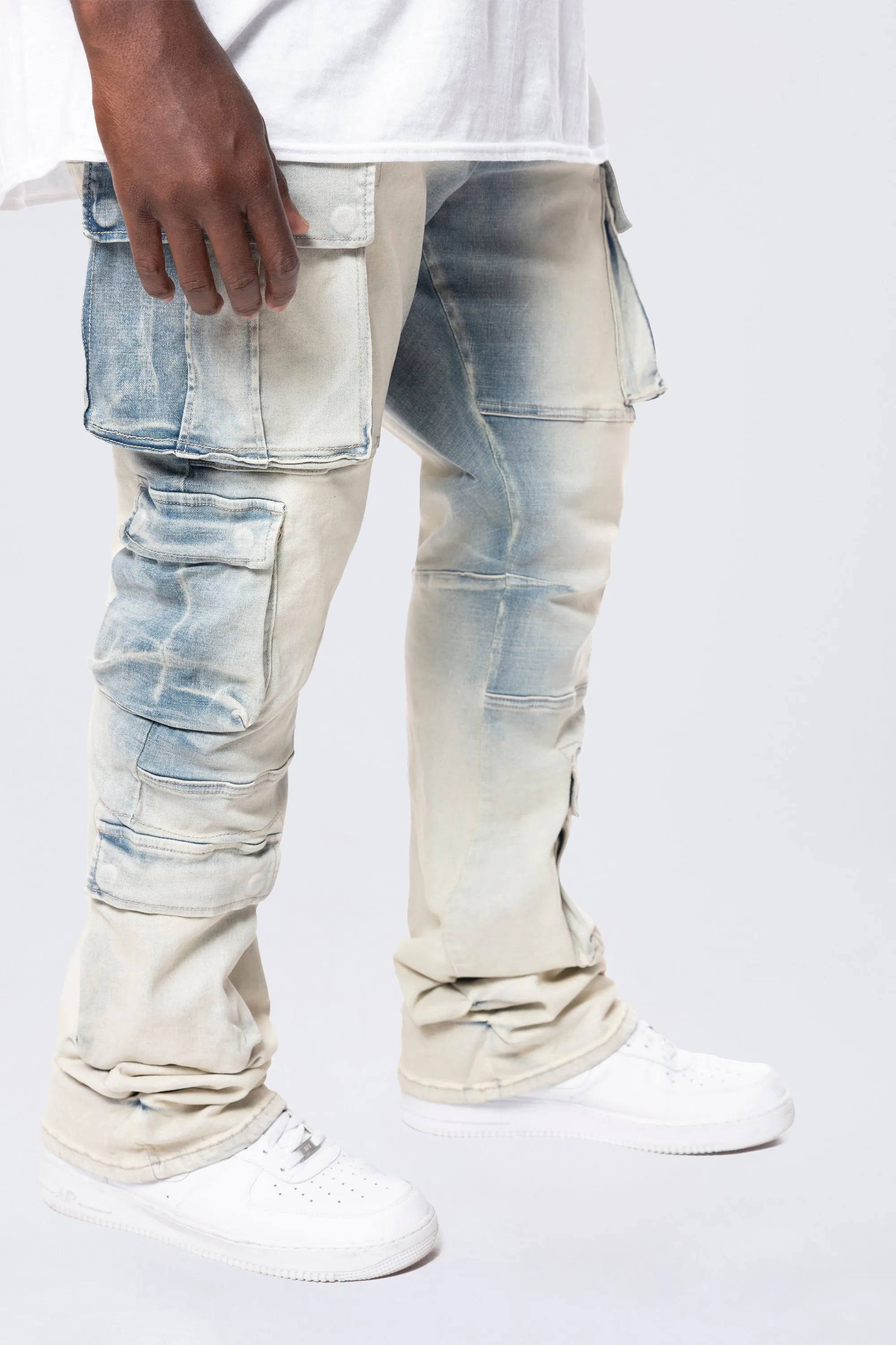 Big and Tall - Stacked Utility Multi Pocket Cargo Jeans - Ombre Blue