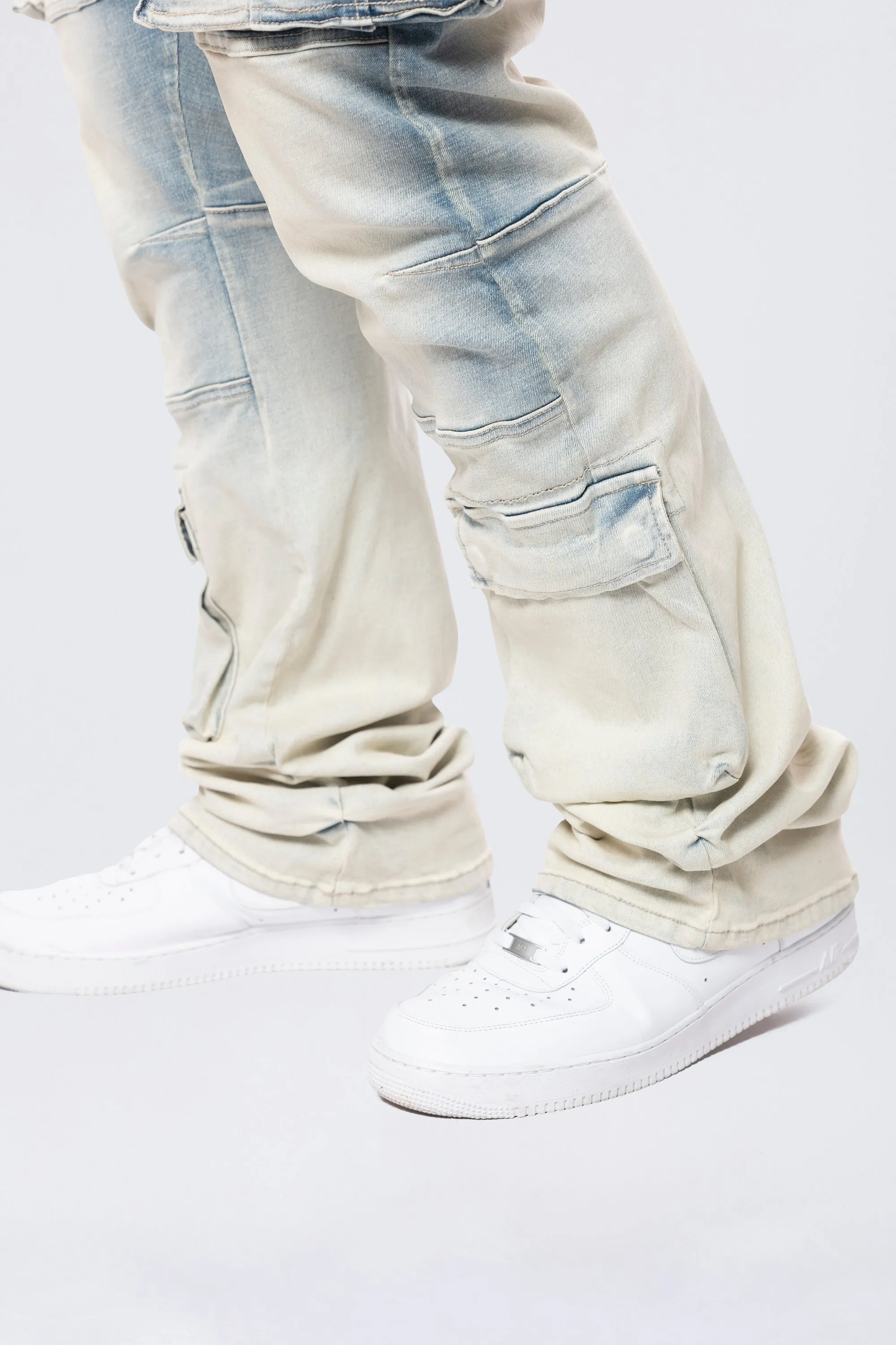 Big and Tall - Stacked Utility Multi Pocket Cargo Jeans - Ombre Blue