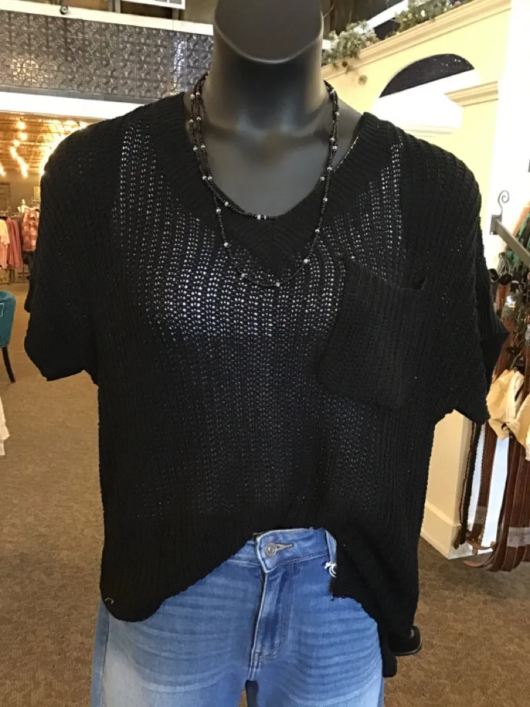 Black V Neck Short Sleeve Shaker Sweater - S to XL