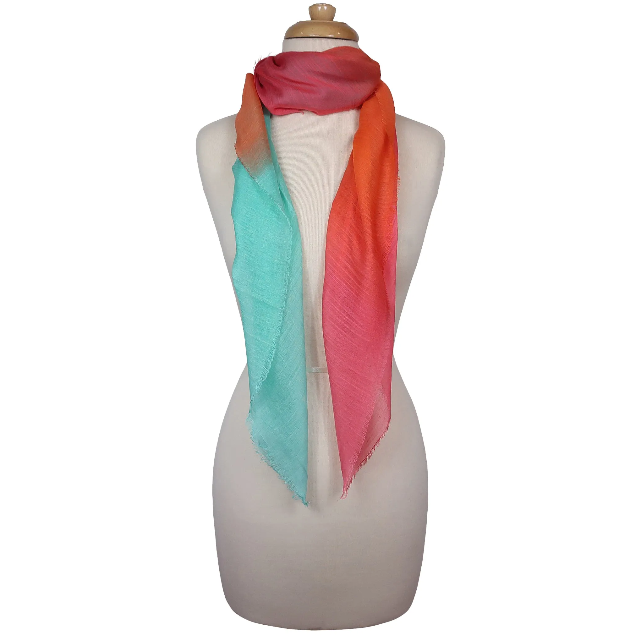 Blue Pacific Dream Cashmere and Silk Scarf in Coral and Aqua 47 x 37