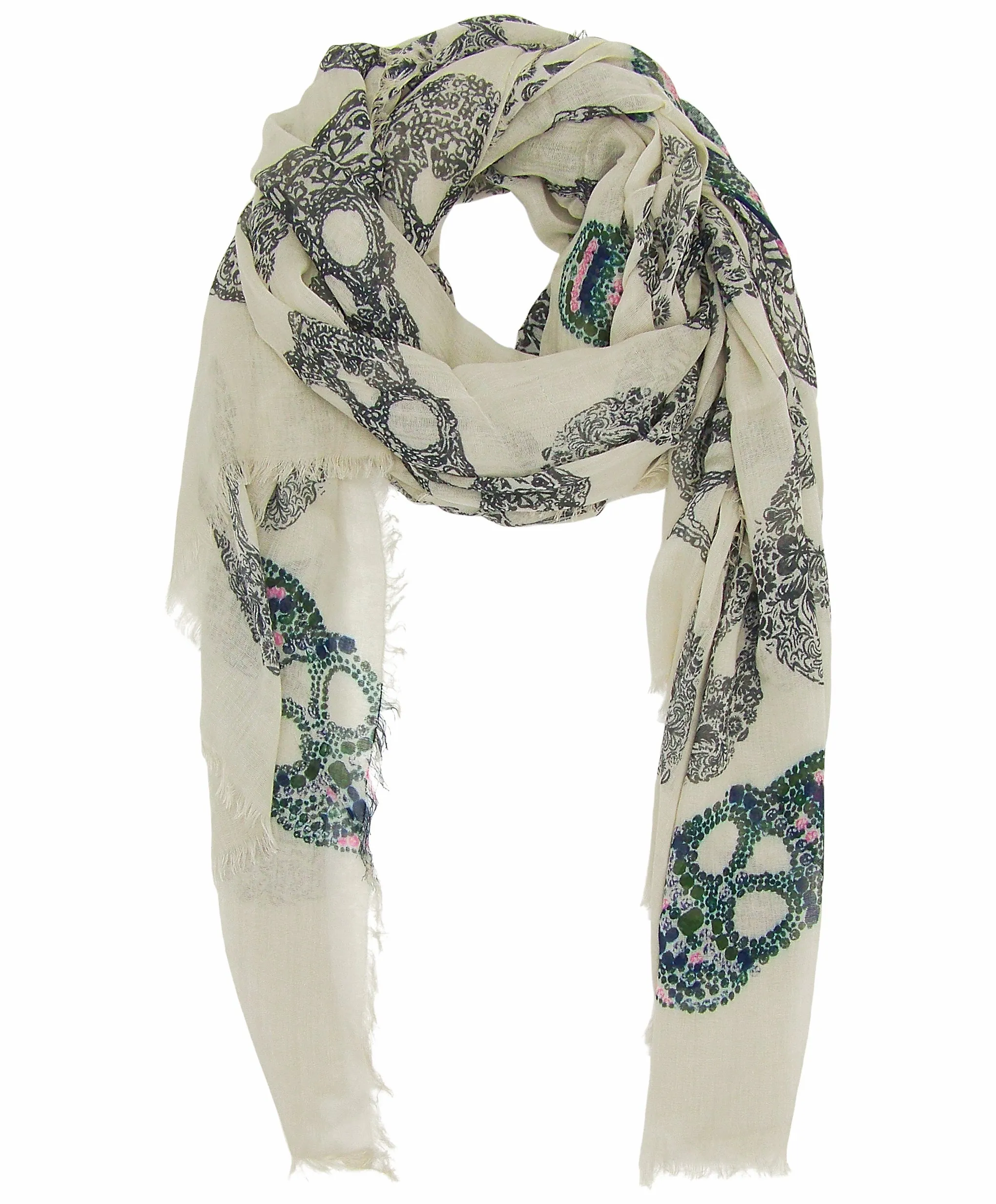 Blue Pacific Frida Cashmere and Silk Sugar Skull Neckerchief Scarf in Champagne