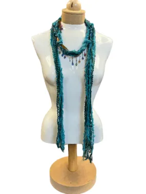 Boho Beaded Lightweight Mohair Scarf Necklace - Turquoise and Aqua