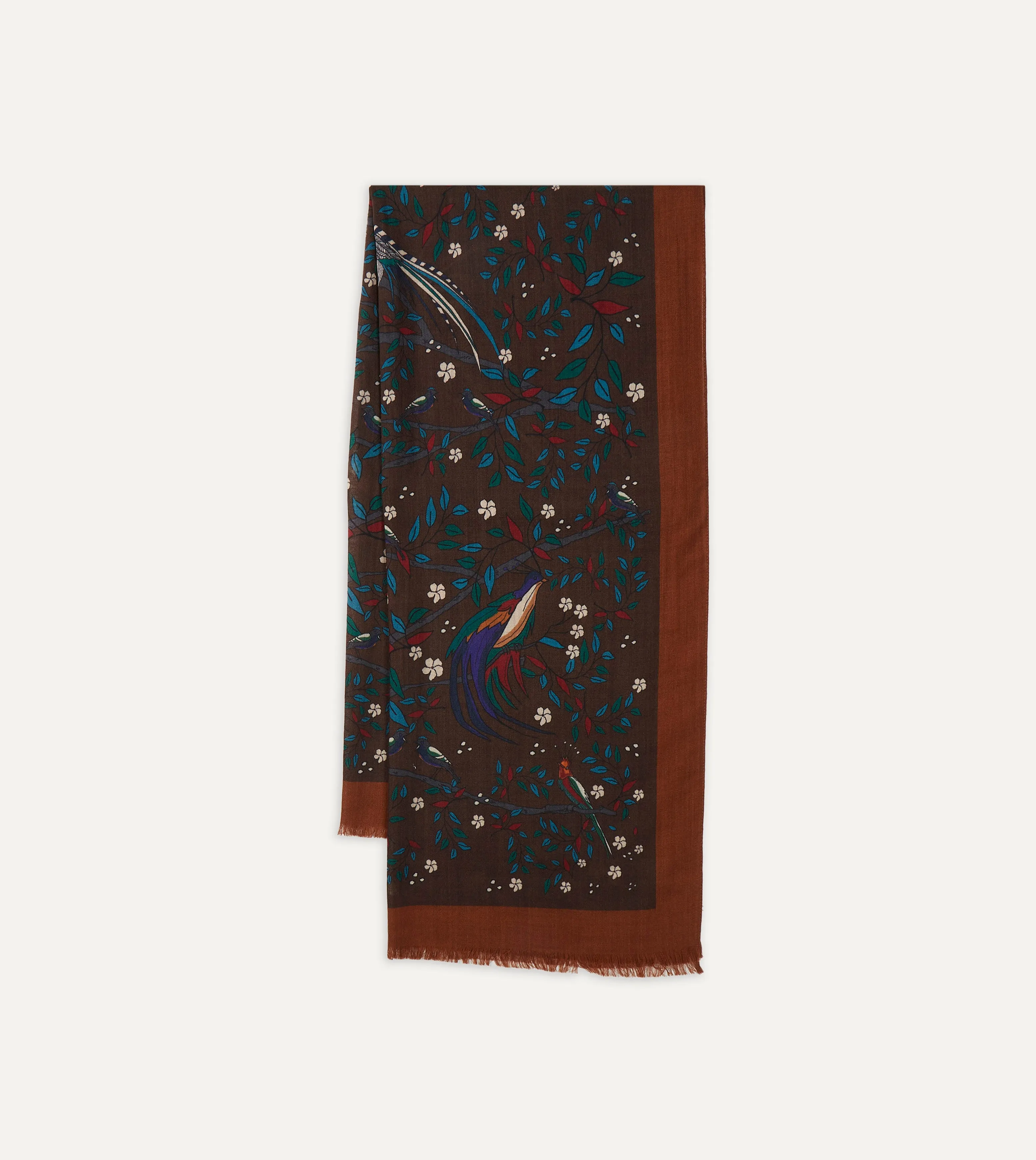 Brown Birds of Paradise Print Wool Scarf