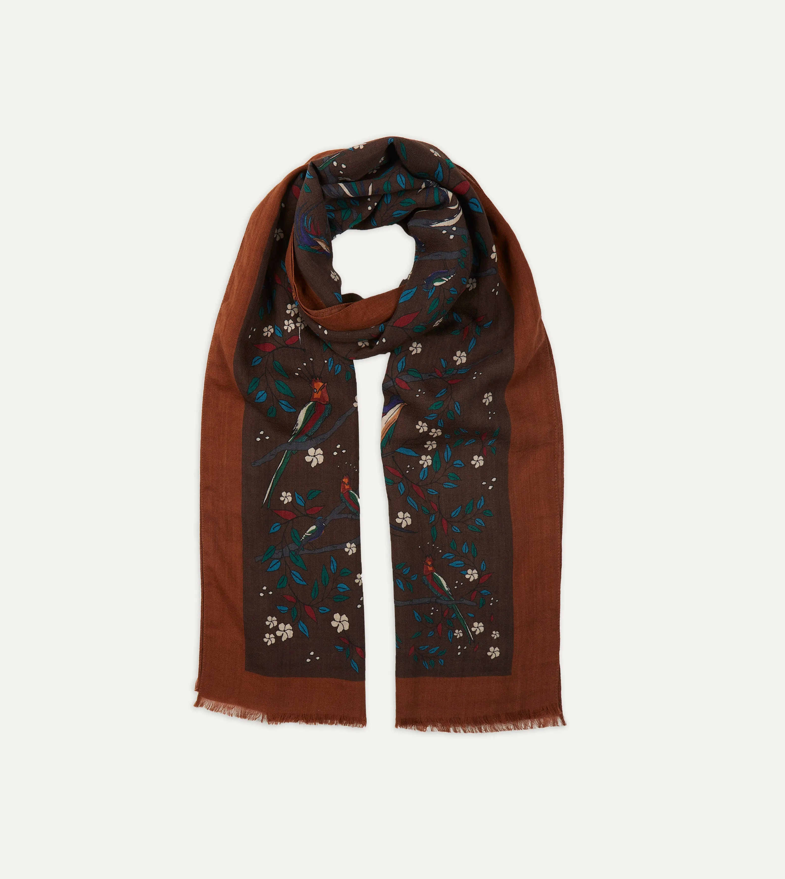 Brown Birds of Paradise Print Wool Scarf