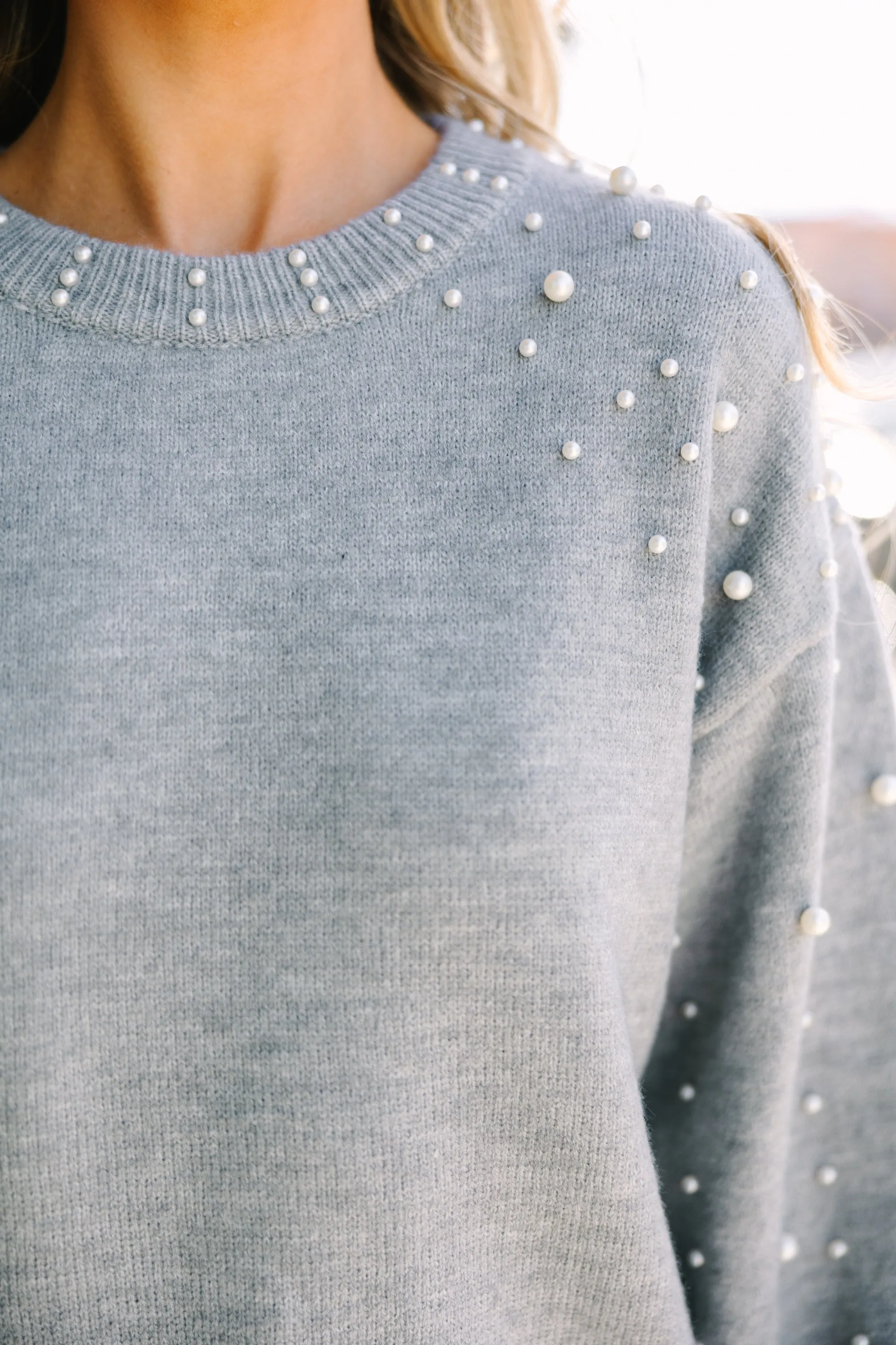 Can't Help But Love Dark Gray Pearl Studded Sweater