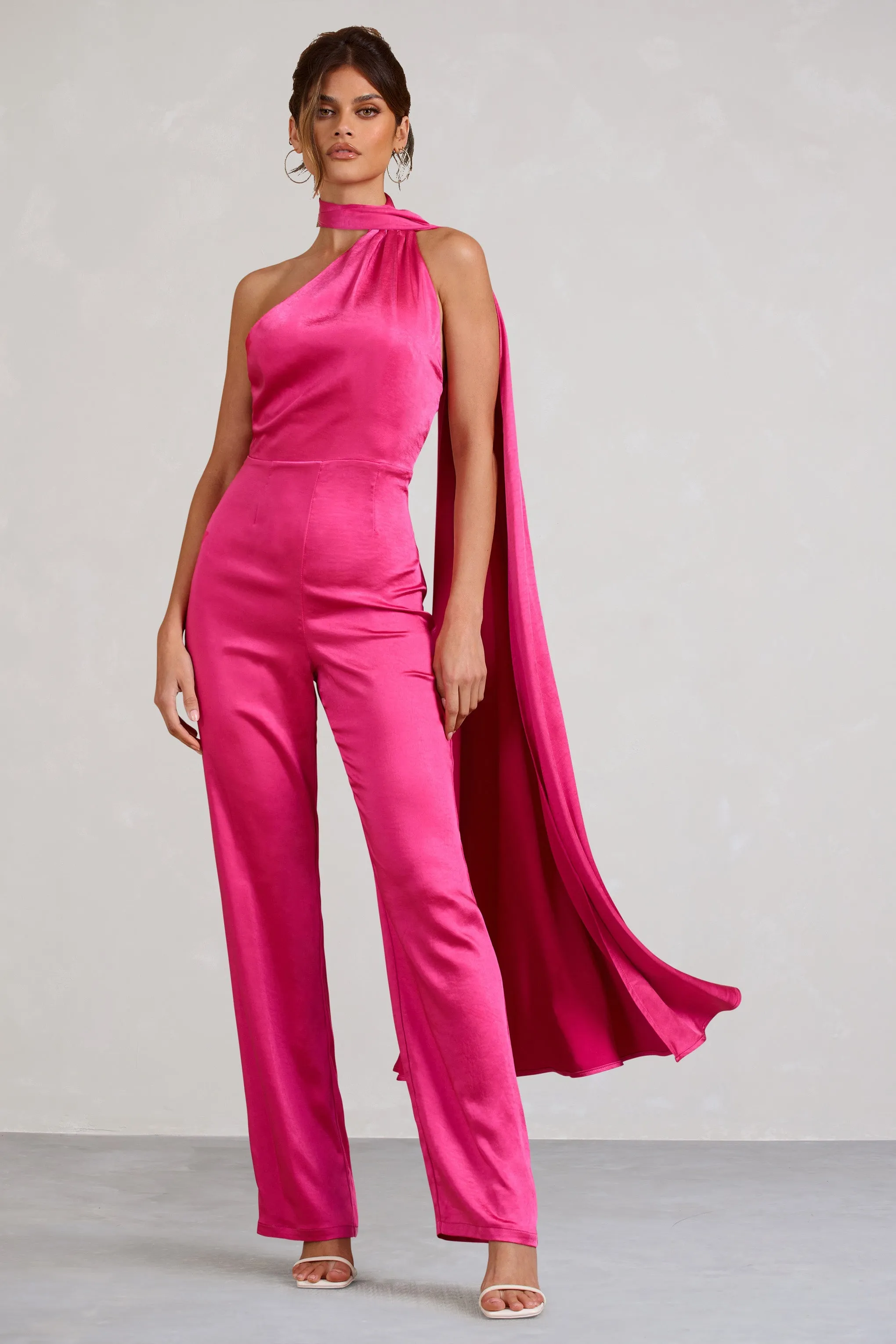 Cascada | Hot Pink Satin Wide Leg Jumpsuit With Statement Scarf Neck