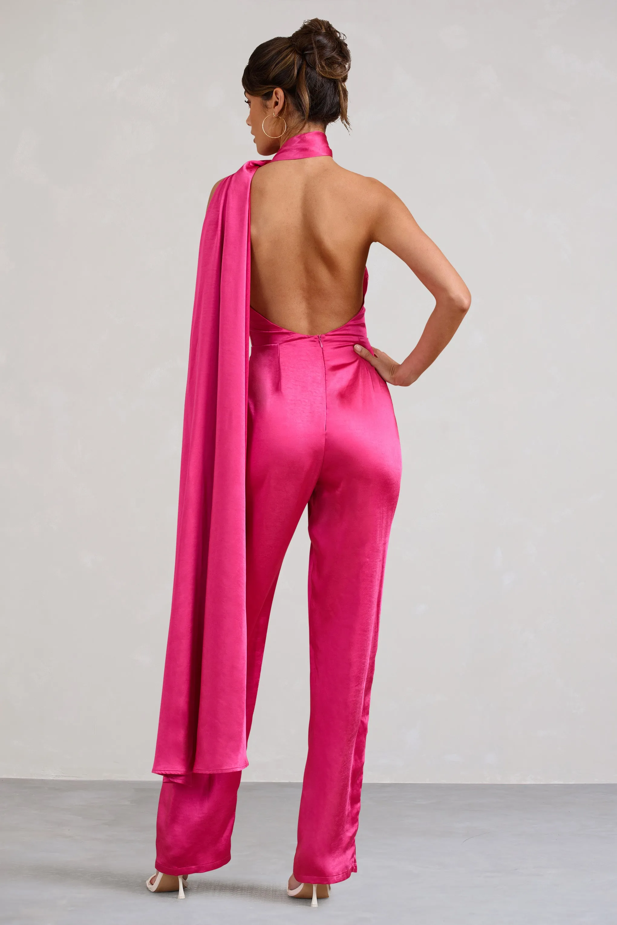 Cascada | Hot Pink Satin Wide Leg Jumpsuit With Statement Scarf Neck