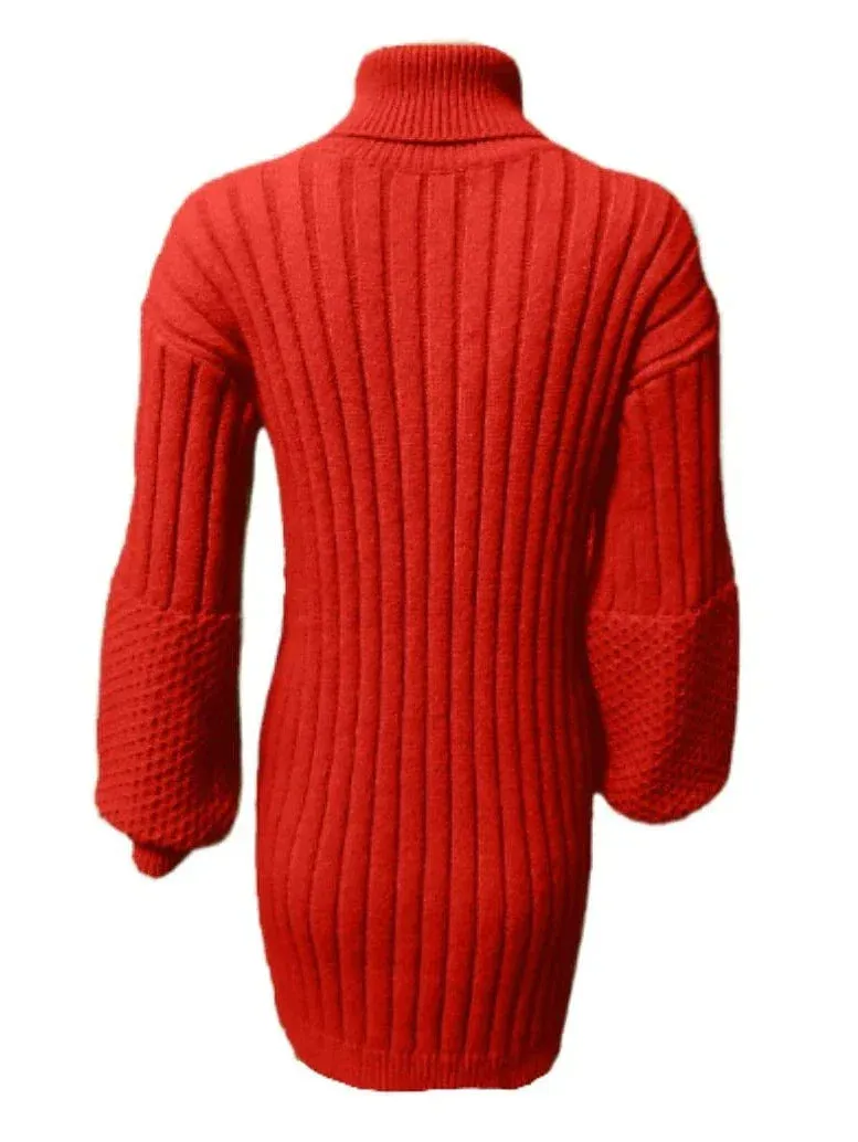 Elegant Red Turtleneck Sweater Dress with Long Sleeves