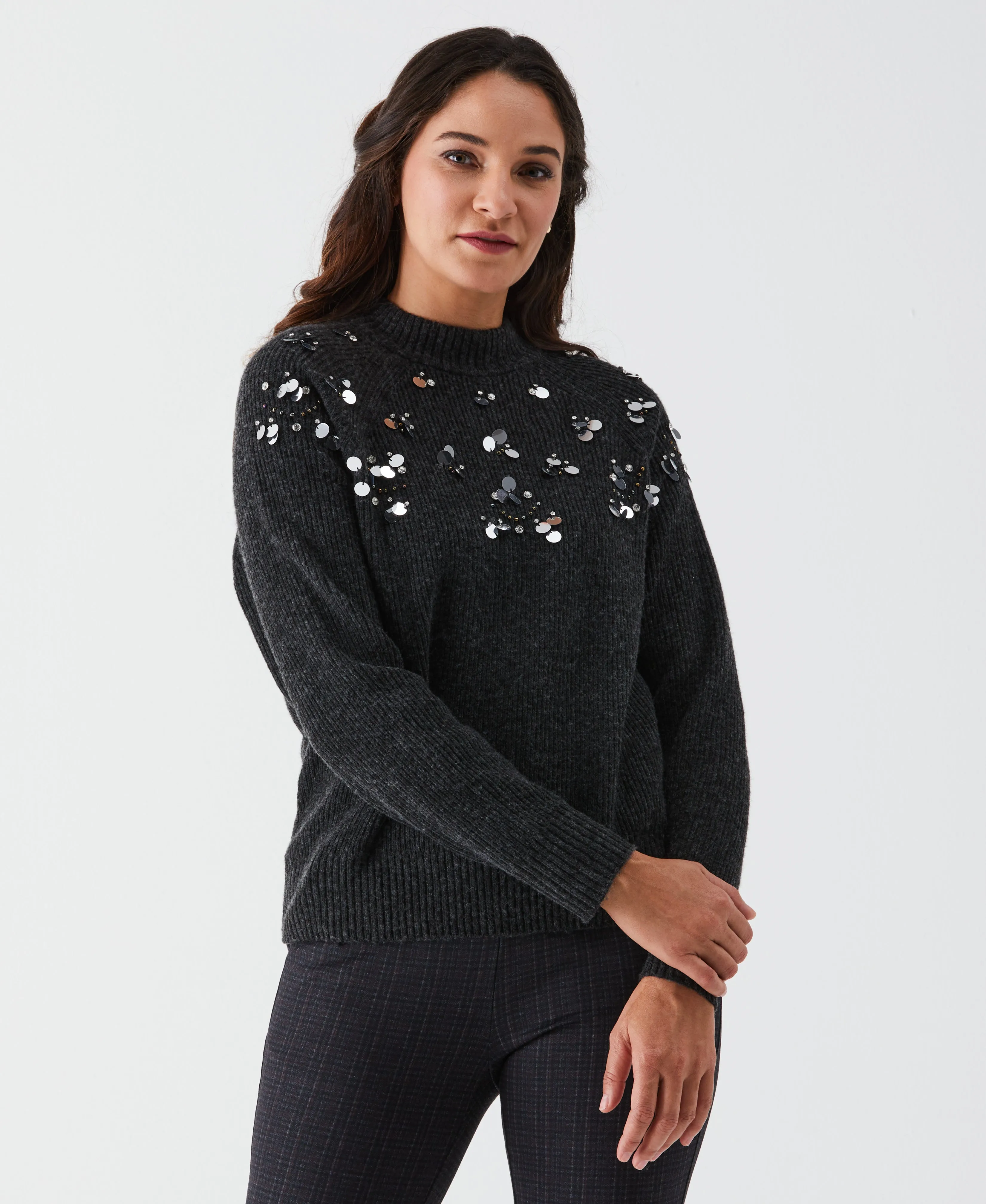 Embellished Mock Neck Sweater