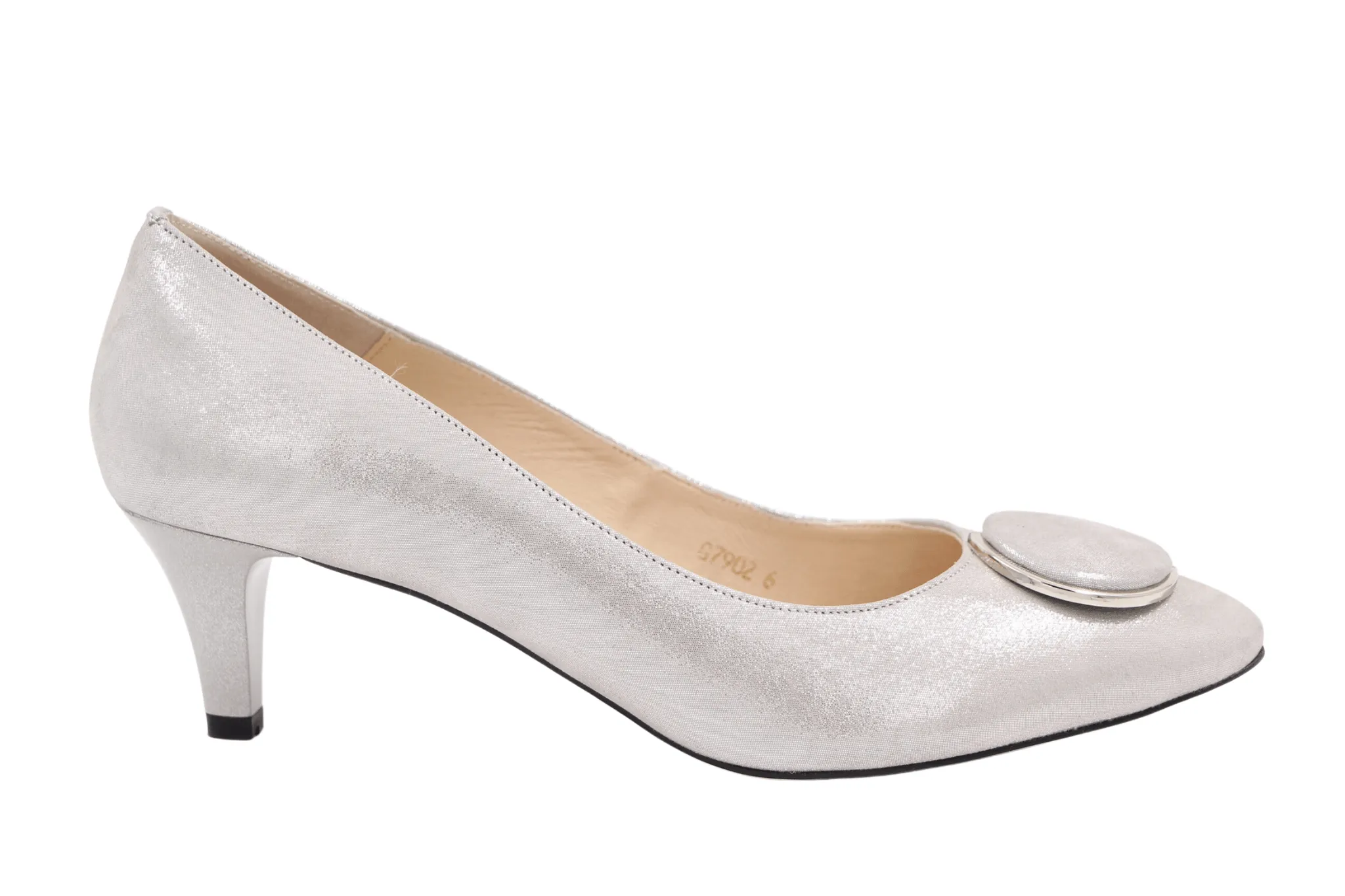 EMIS Silver Shimmer  mid heel shoe with Button