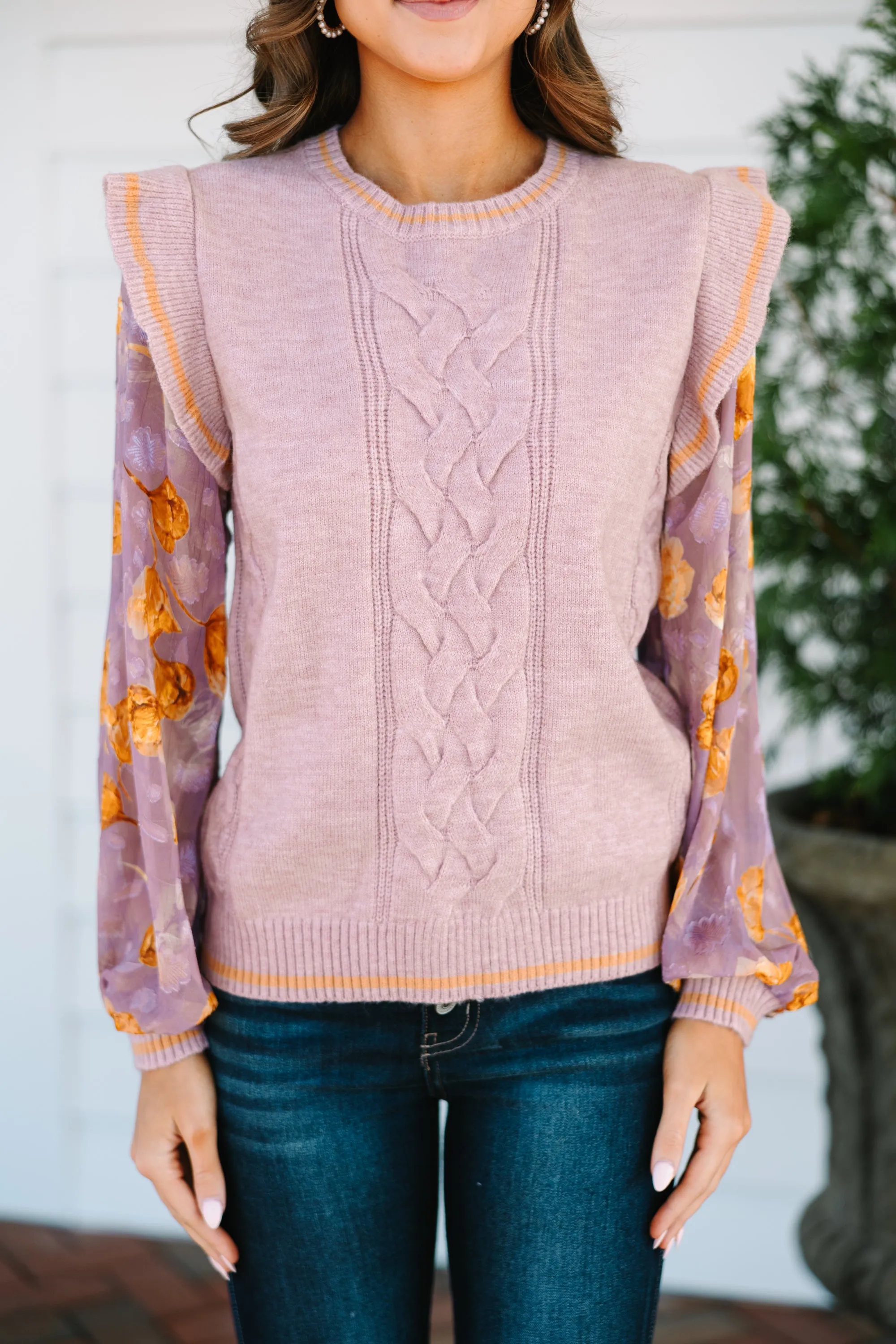 Fate: Love You More Mauve Pink Floral Sleeve Sweater