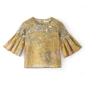 Floral Print Cotton Top with Bell Sleeves-Mustard