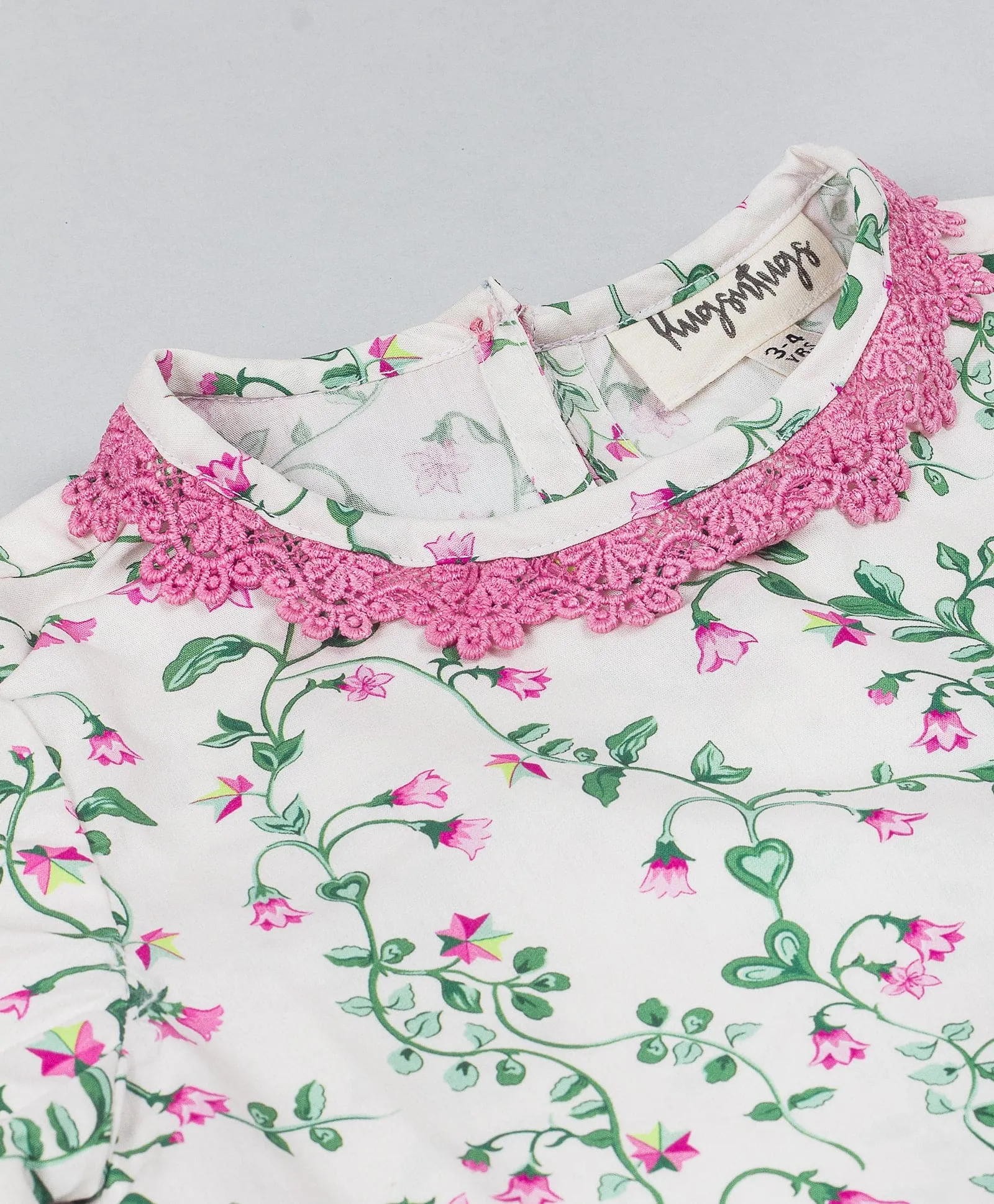 Floral top with lace along the sleeves n neck-White & pink