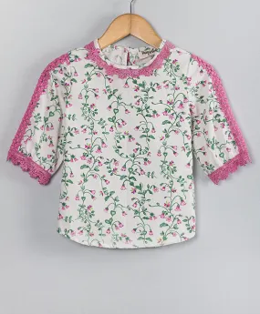 Floral top with lace along the sleeves n neck-White & pink