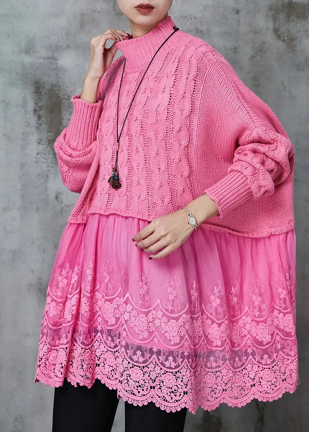 Modern Pink Oversized Patchwork Knit Long Sweater Spring JK1068