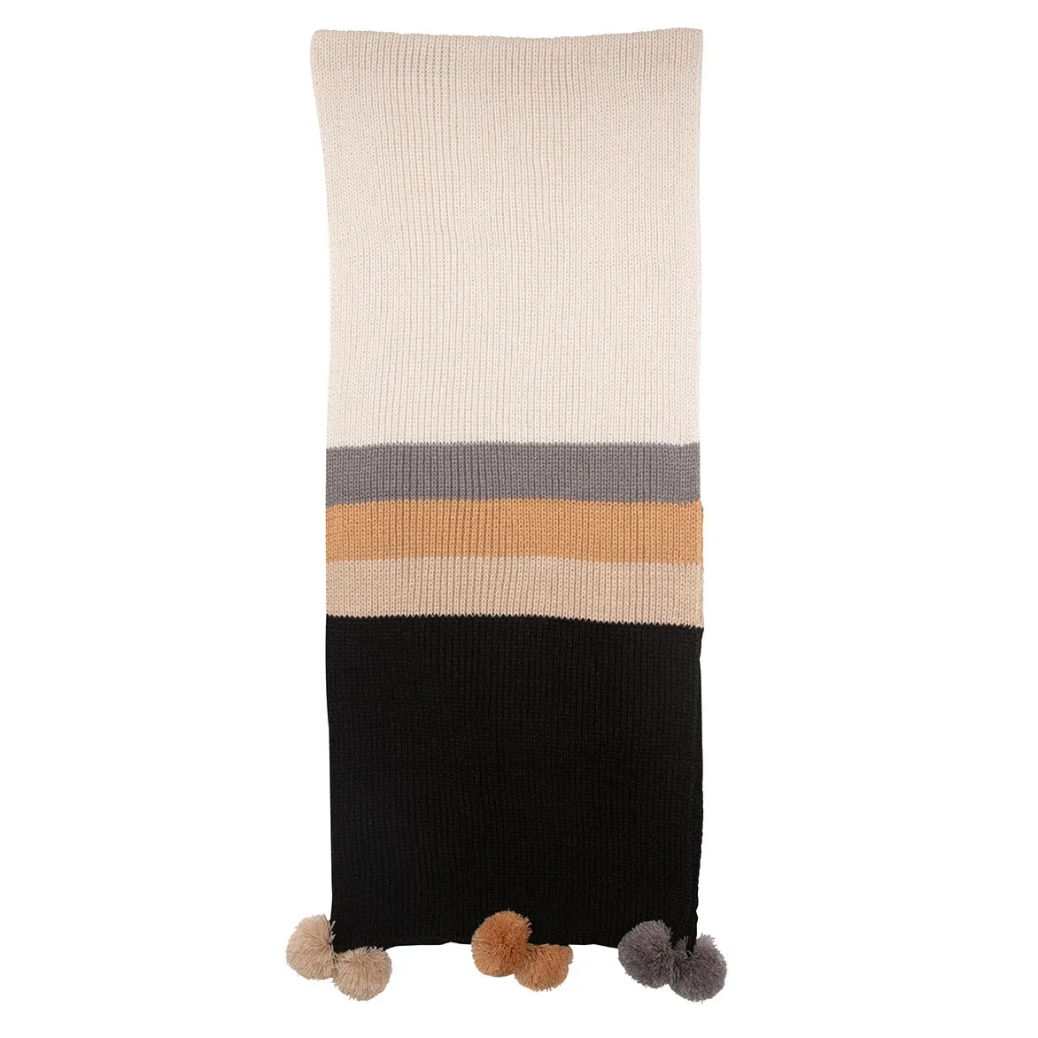 Piccadilly Striped Black and Tan Pom Pom Scarf