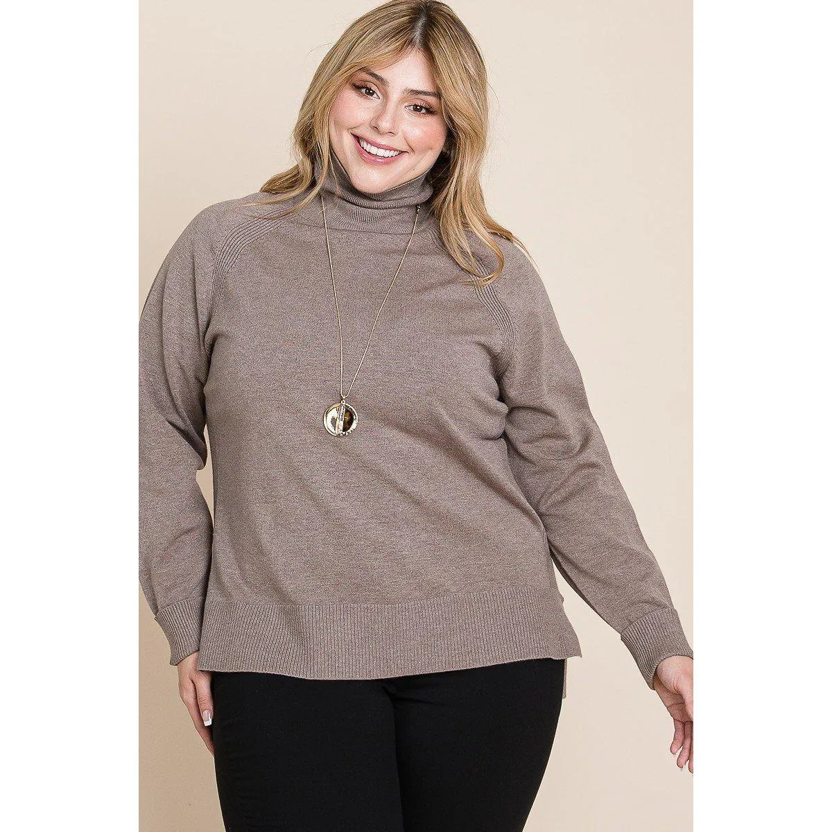 Plus Size High Quality Buttery Soft Solid Knit Turtleneck Two Tone High Low Hem Sweater