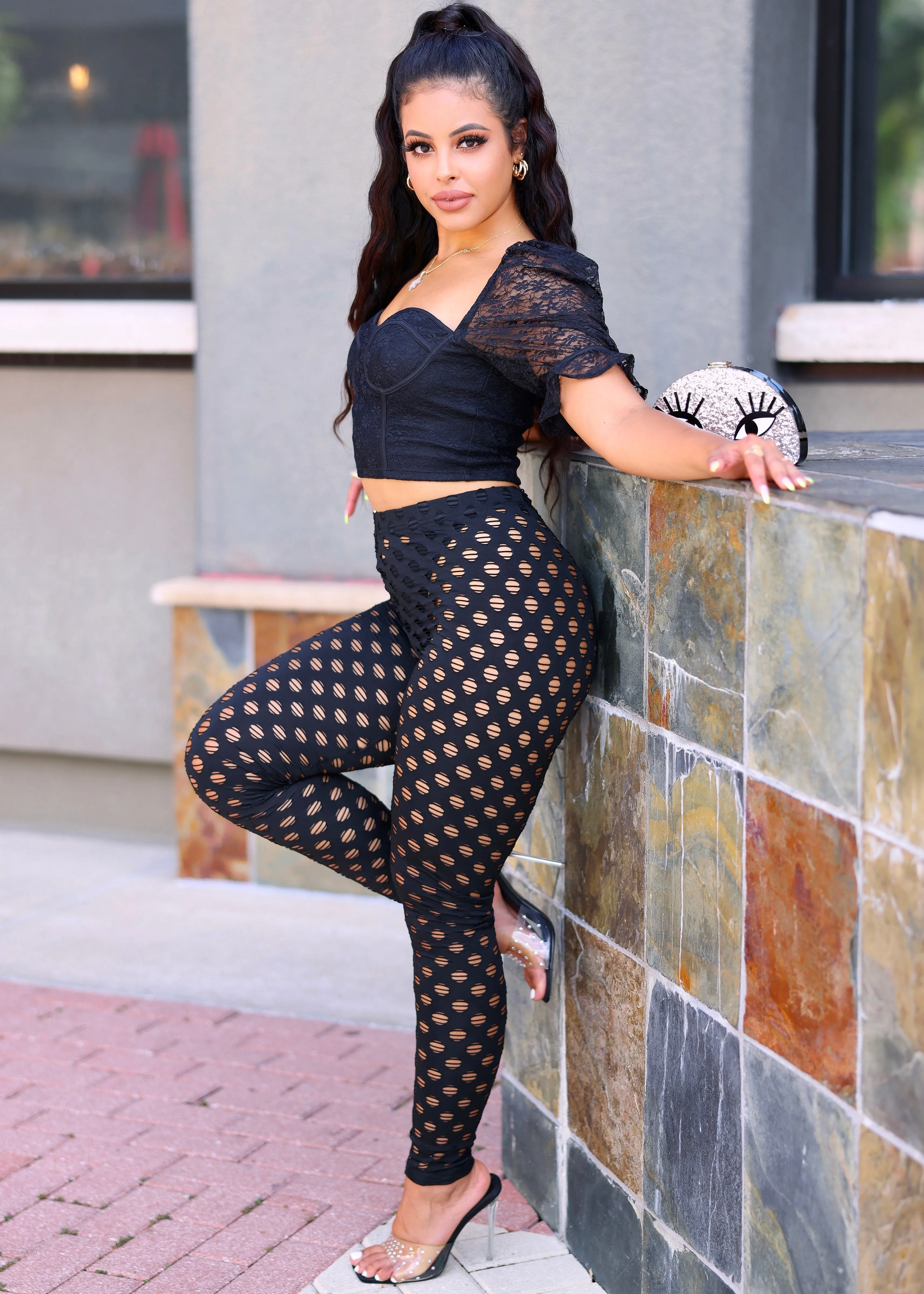 Shala Punch Hole Pattern High Waist Leggings - Black