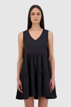 Washed V Neck Tiered Tencel Mini Washed Black Dress