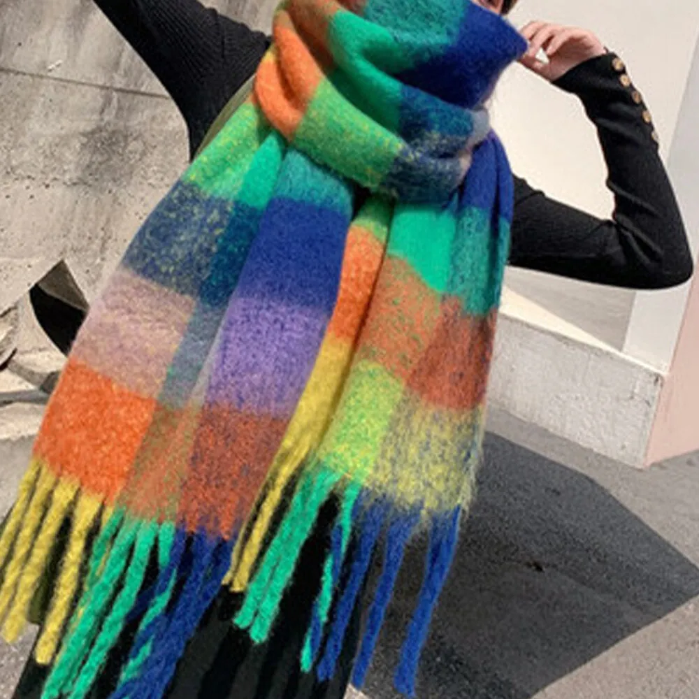 Women Cashmere Dual-use Rainbow Mixed Color Stripes Thicken Warm Plus Long Tassel Scarf Shawl