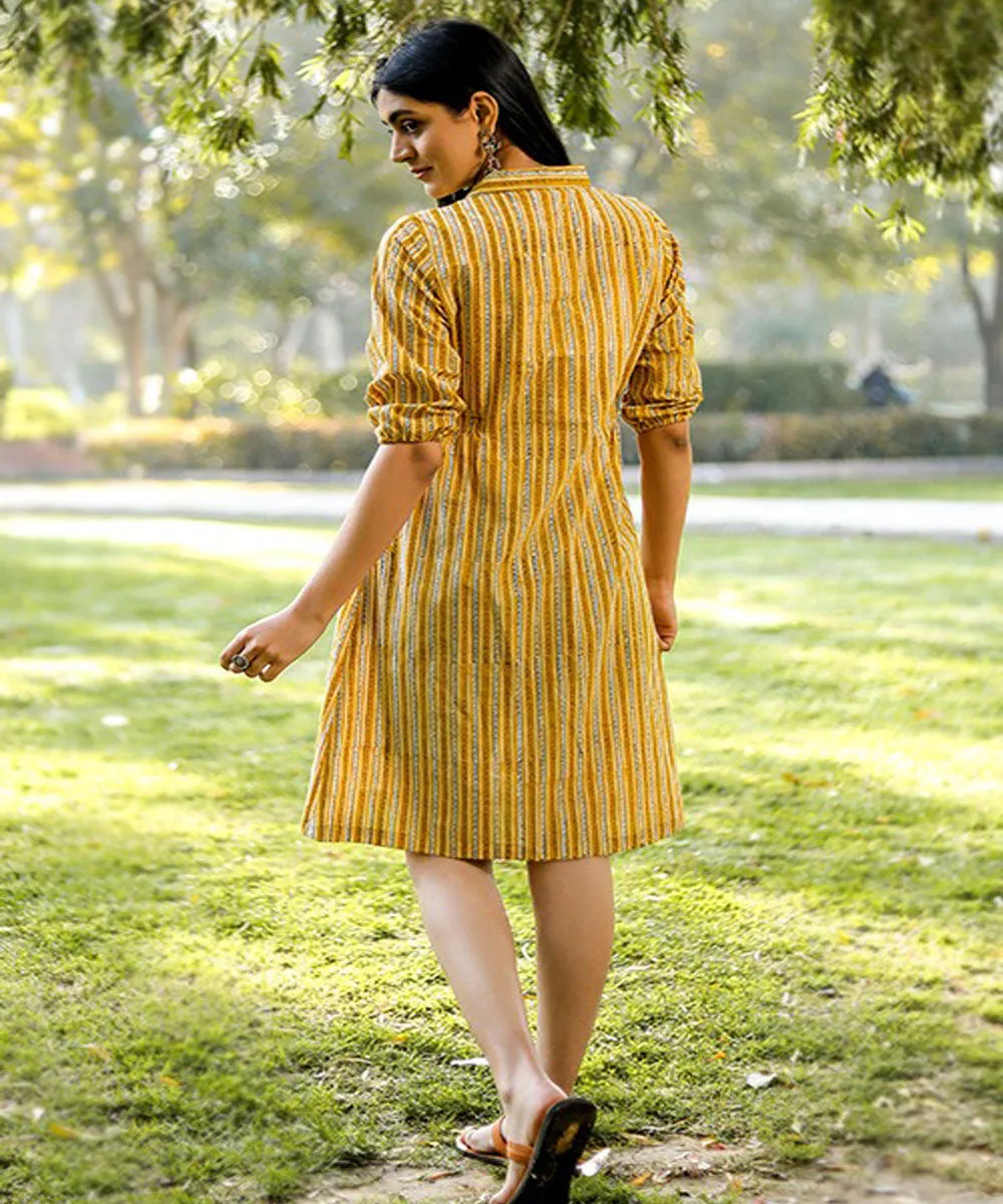 Yellow stripe handblock printed cotton dress