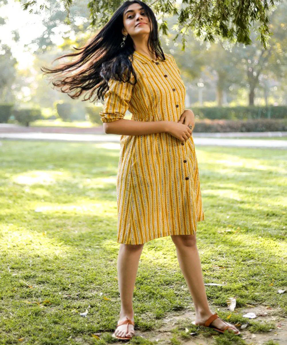 Yellow stripe handblock printed cotton dress